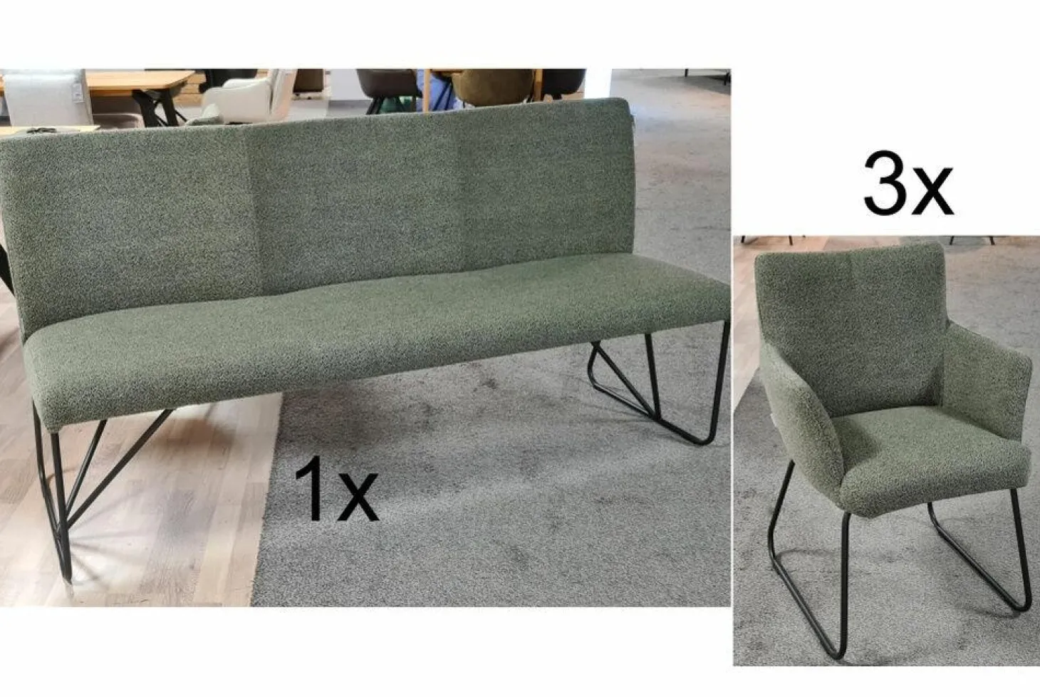 Stuhlset Nashville Stoff Alpine Thyme Grün Gestell Metall Schwarz mit Bank