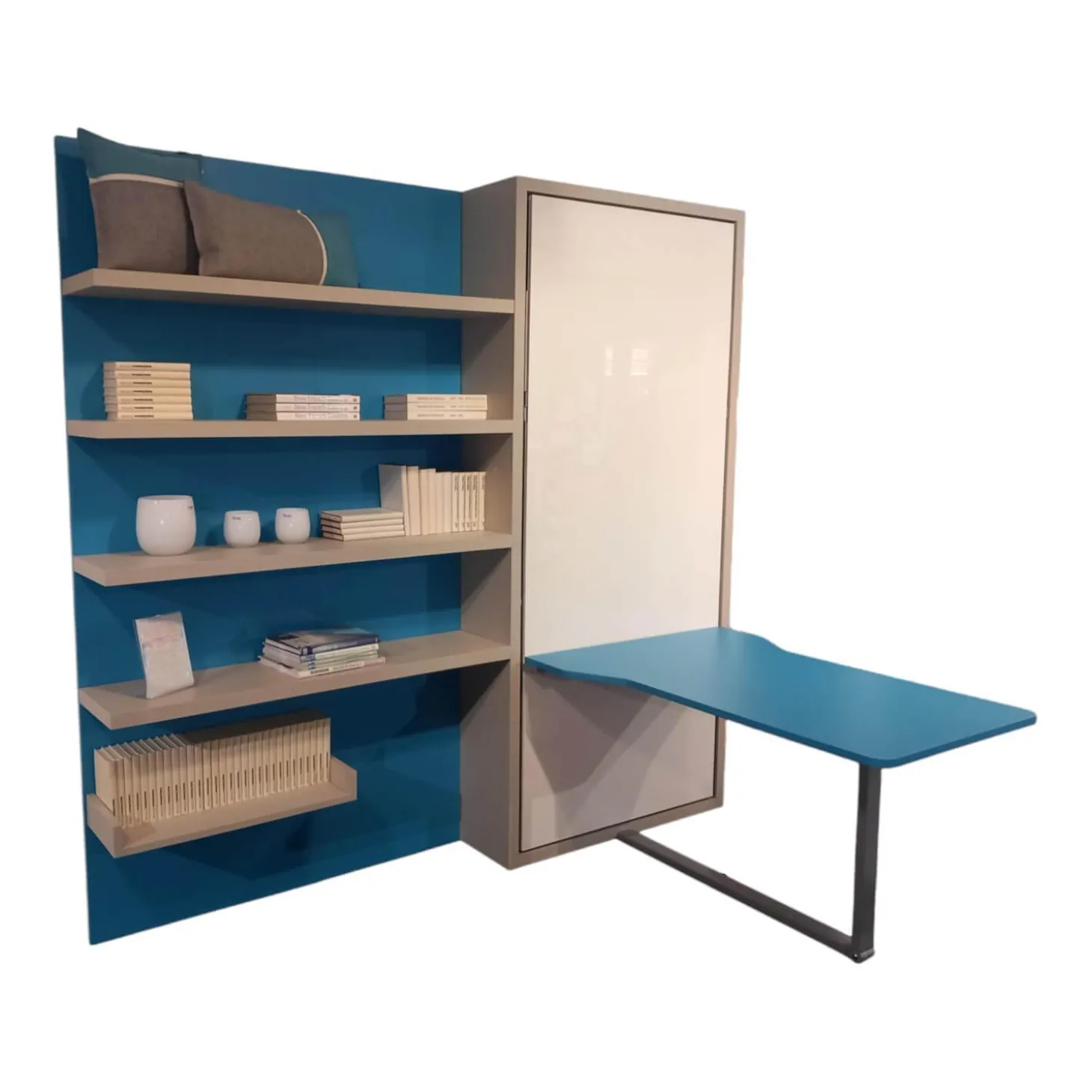 Systemwand Telemaco Strukturlack Canapa Hellblau Und Weiss Mit LED Beleuchtung Und Intrigierten Klappbett Ohne Dekoration