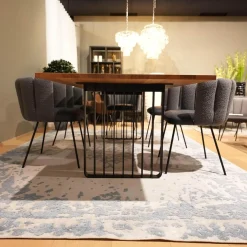 Teppich Disha Schurwolle Pflanzenfasern Stoff Ascot Creme Weiß Hellblau Handgeknüpft Ohne Tisch Sowie Ohne Stühle