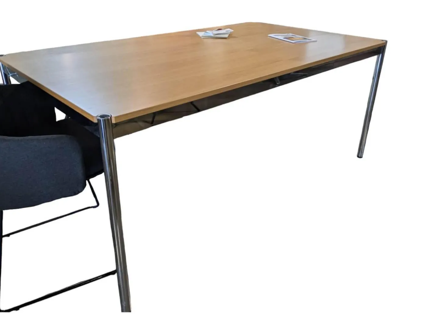 Tisch Eiche Natur Lackiert Tischplatte Furniert Gestell Metall Verchromt