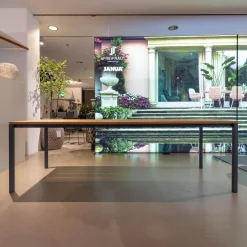 Tisch S600 Outdoor Akazie Gebürstet Roh Braun Gestell Edelstahl Pulverbeschichtet Schiefergrau Schwarz