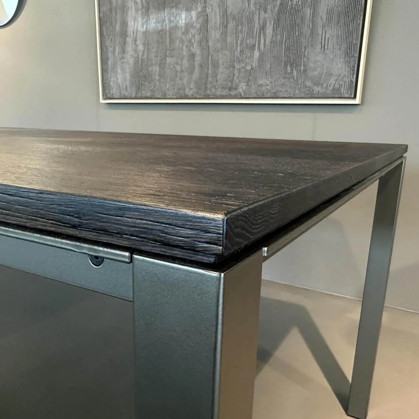 Tisch S600 Platte Eiche Geräuchert Anthrazit Geölt Gebürstet Gestell Metall Stahllasur Bronze