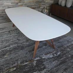 Tisch Seito Quarzstein Weiß Gestell Holz Nussbaum Mit Splitanteil Geölt Bootsförmig