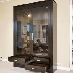 Vitrine Bordeaux Kirschbaum Nero Inklusive Beleuchtung, 4 Schubladen Und 6 Glasböden