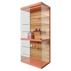 Vitrine Cube Light Lack Guave Mit Panel Nussbaum Natur Braun