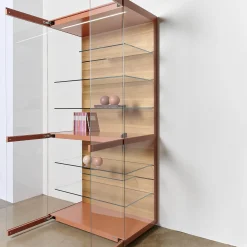 Vitrine Cube Light Lack Guave Mit Panel Nussbaum Natur Braun