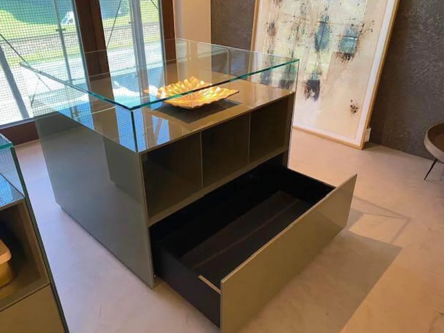 Vitrine Dolmen Lack Verde Olivia Grau Grün Glas Transparent Innenausstattung Melamin Cuoio Braun