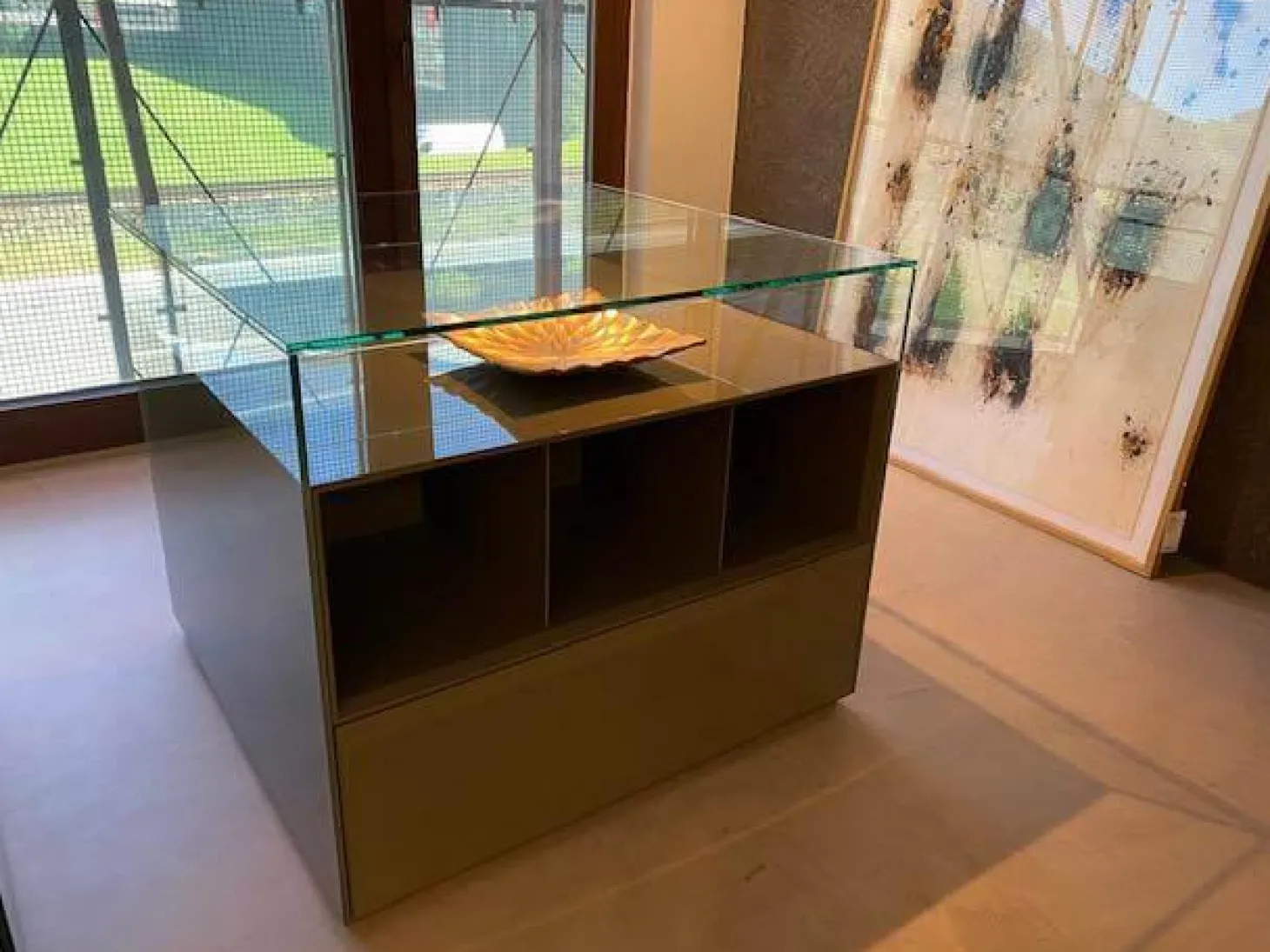 Vitrine Dolmen Lack Verde Olivia Grau Grün Glas Transparent Innenausstattung Melamin Cuoio Braun