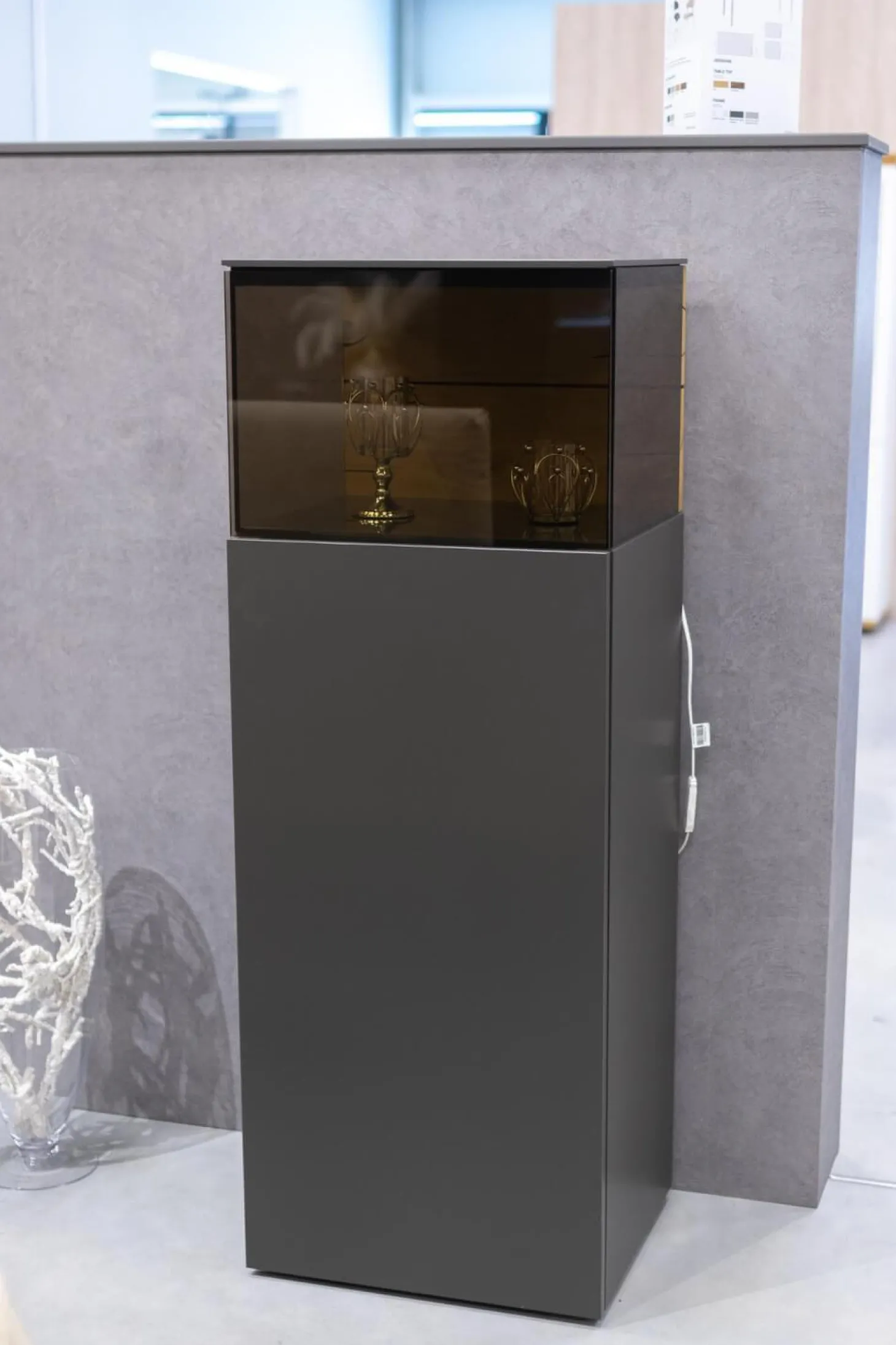 Vitrine Gentis Lack-Grau Akzent Eiche Naturstamm