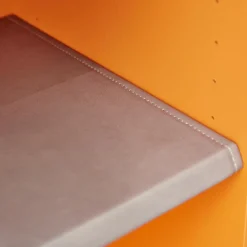 Vitrine Hampton Eiche Massiv Geölt Offenporig Lackiert In Pantone Orange Tür Klarglas Mit Ledergriffen