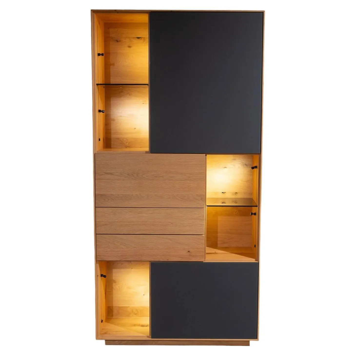 Vitrine SY 772 Puro Syle Asteiche Massiv Gebürstet Natur Geölt Farbglas Schwarzgrau Matt Mit Sockel Und Beleuchtung