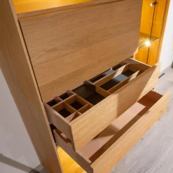 Vitrine SY 772 Puro Syle Asteiche Massiv Gebürstet Natur Geölt Farbglas Schwarzgrau Matt Mit Sockel Und Beleuchtung