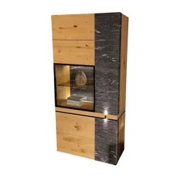 Vitrine V-Rock Alteiche Rustiko Gebürstet Steinakzent Alpengranit Schroff Schwarzgrau