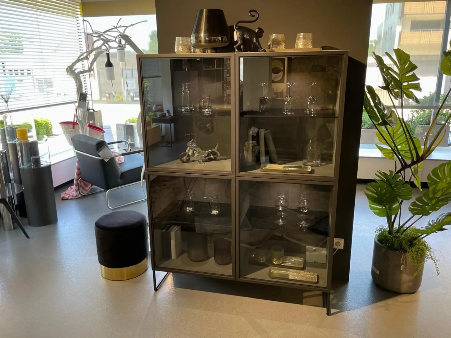 Vitrine WK 420 Viva Holz Furniert Grau Mit Glastüren Gestell Dunkelgrau