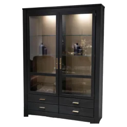 Vitrinenschrank Bordeaux Europäische Kirsche Anthrazit Reliefstruktur Rückwand Goldfarbig