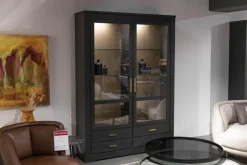 Vitrinenschrank Bordeaux Europäische Kirsche Anthrazit Reliefstruktur Rückwand Goldfarbig