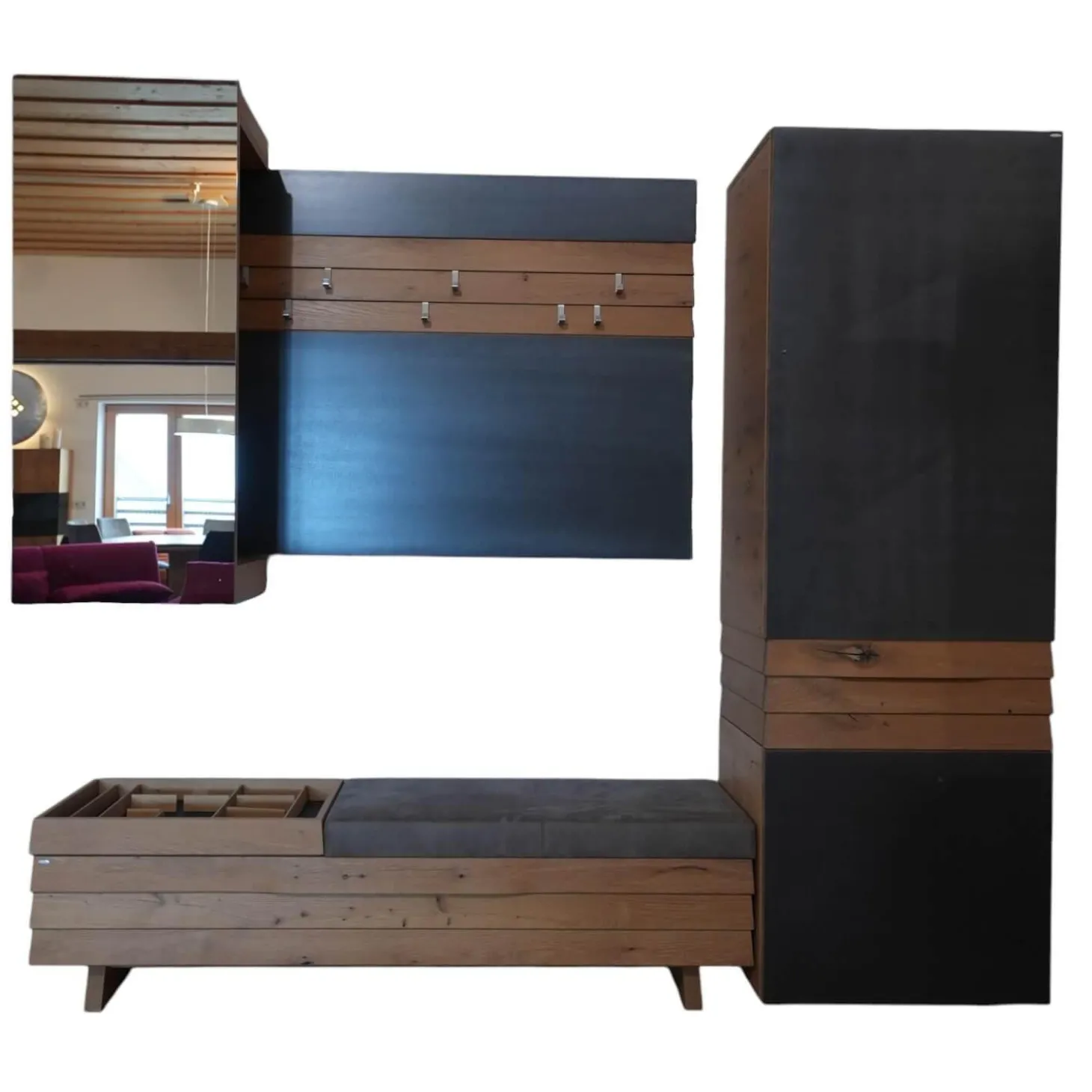 Wandgarderobe V Orango In Wildeiche Rustiko Mit Gepolsterter Klappbarer Bank 5 Mit Vorsatzspiegel Und Einem Dielenschrank