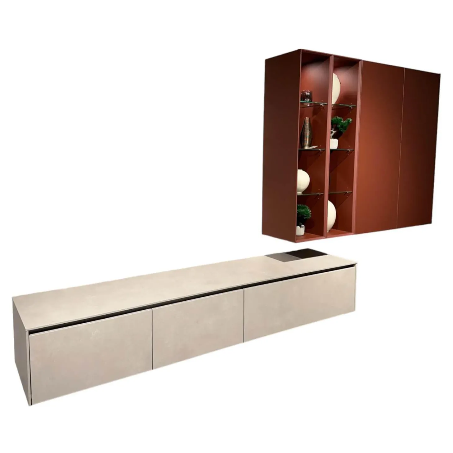 Wohnkombination 371 Riva Lack 842 Beton Sand Beige Und 122 Sand Rot Mit Beleuchtung