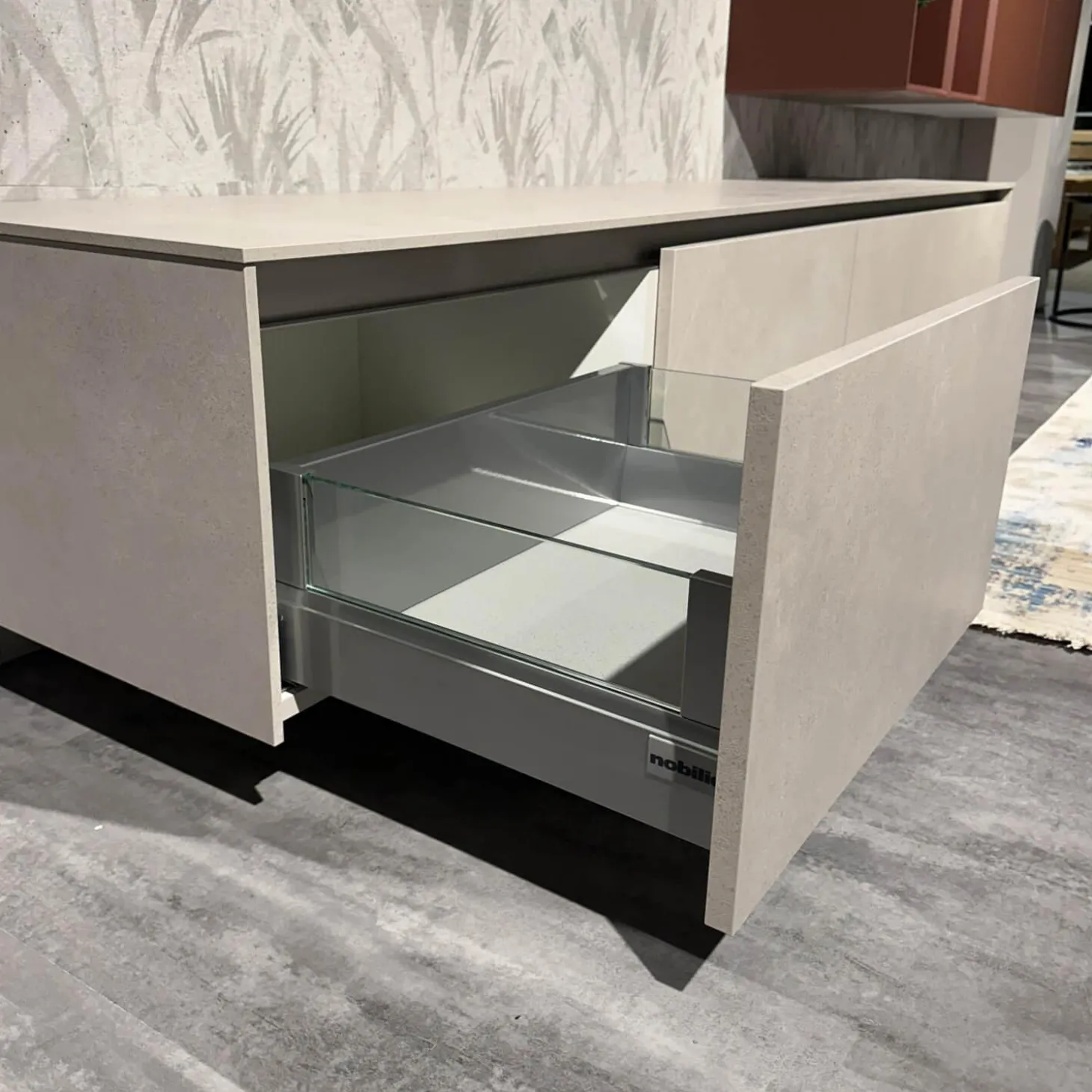 Wohnkombination 371 Riva Lack 842 Beton Sand Beige Und 122 Sand Rot Mit Beleuchtung