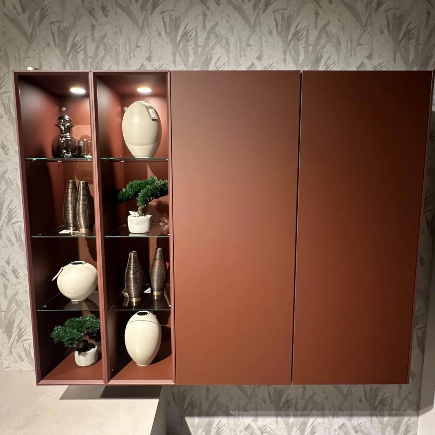 Wohnkombination 371 Riva Lack 842 Beton Sand Beige Und 122 Sand Rot Mit Beleuchtung