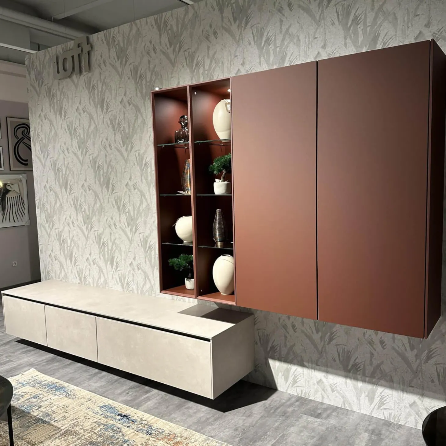 Wohnkombination 371 Riva Lack 842 Beton Sand Beige Und 122 Sand Rot Mit Beleuchtung