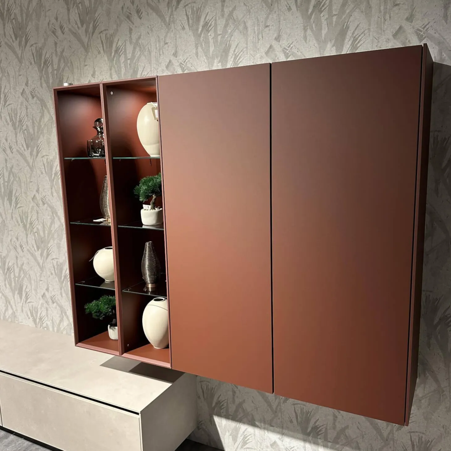 Wohnkombination 371 Riva Lack 842 Beton Sand Beige Und 122 Sand Rot Mit Beleuchtung