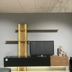 Wohnkombination Trevi 7250 V22 Kerneiche Umato Birke Lack Anthrazit Paneel Riffholz Inklusive Beleuchtung