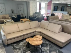 Wohnlandschaft Amalfi Leder Evita Ecru Beige Grau Füße Metallkufe Schwarz Lackiert Mit Elektrische Relaxverstellung