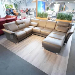 Wohnlandschaft E40 Leder Paloma Khaki Grau Grün Füße Metall Inklusive Nacken Und Lendenkissen Set