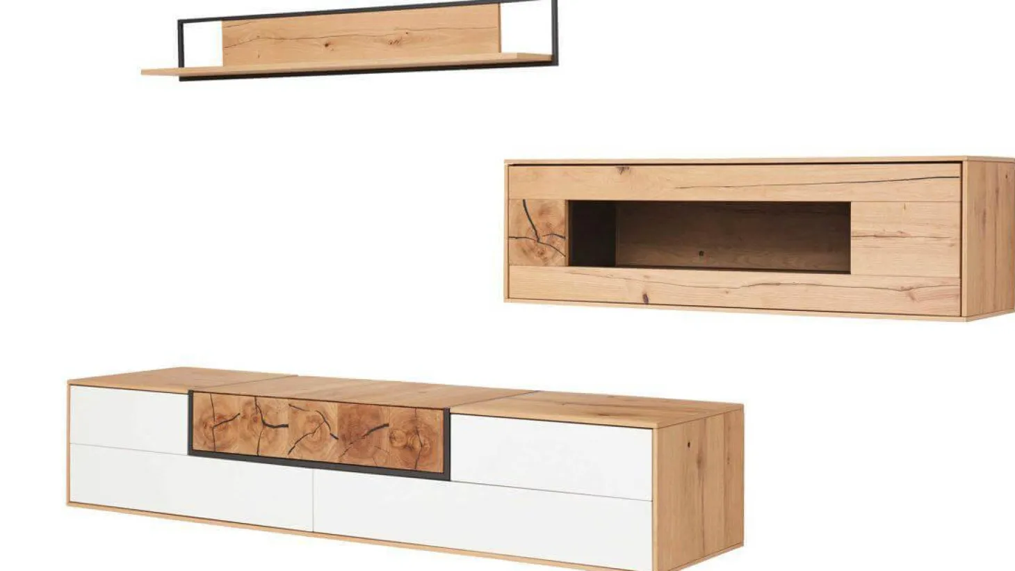 Wohnwand 2106 Asteiche Hell Furniert Absetzung Mattlack Weiß Inklusive Beleuchtung
