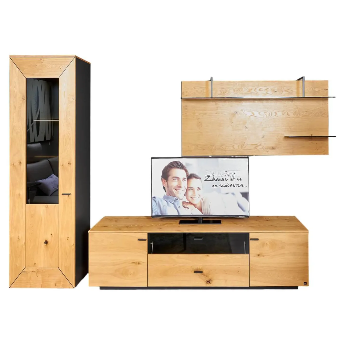 Wohnwand 2022 Balkeneiche Honig Braun Furniert Lack Seidenmatt Anthrazit Griff Anthrazit Matt Mit LED Beleuchtung