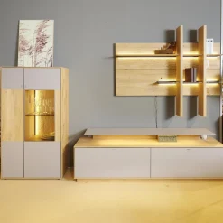 Wohnwand 2001 Kerneiche Natur Gebürstet Absetzungen Mattglas Naturgrau Mit Beleuchtung