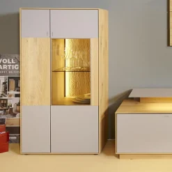 Wohnwand 2001 Kerneiche Natur Gebürstet Absetzungen Mattglas Naturgrau Mit Beleuchtung