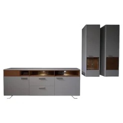 Wohnwand 2102 Mit Sideboard Und 2 Hängevitrinen Mattlack Weiß Matt Asteiche Hell Furniert