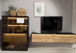 Wohnwand 2026 Riffbuche Massiv Absetzung Kernesche Gebürstet Anthrazit Gebeizt Inklusive Beleuchtung