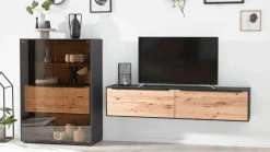 Wohnwand 2026 Riffbuche Massiv Absetzung Kernesche Gebürstet Anthrazit Gebeizt Inklusive Beleuchtung