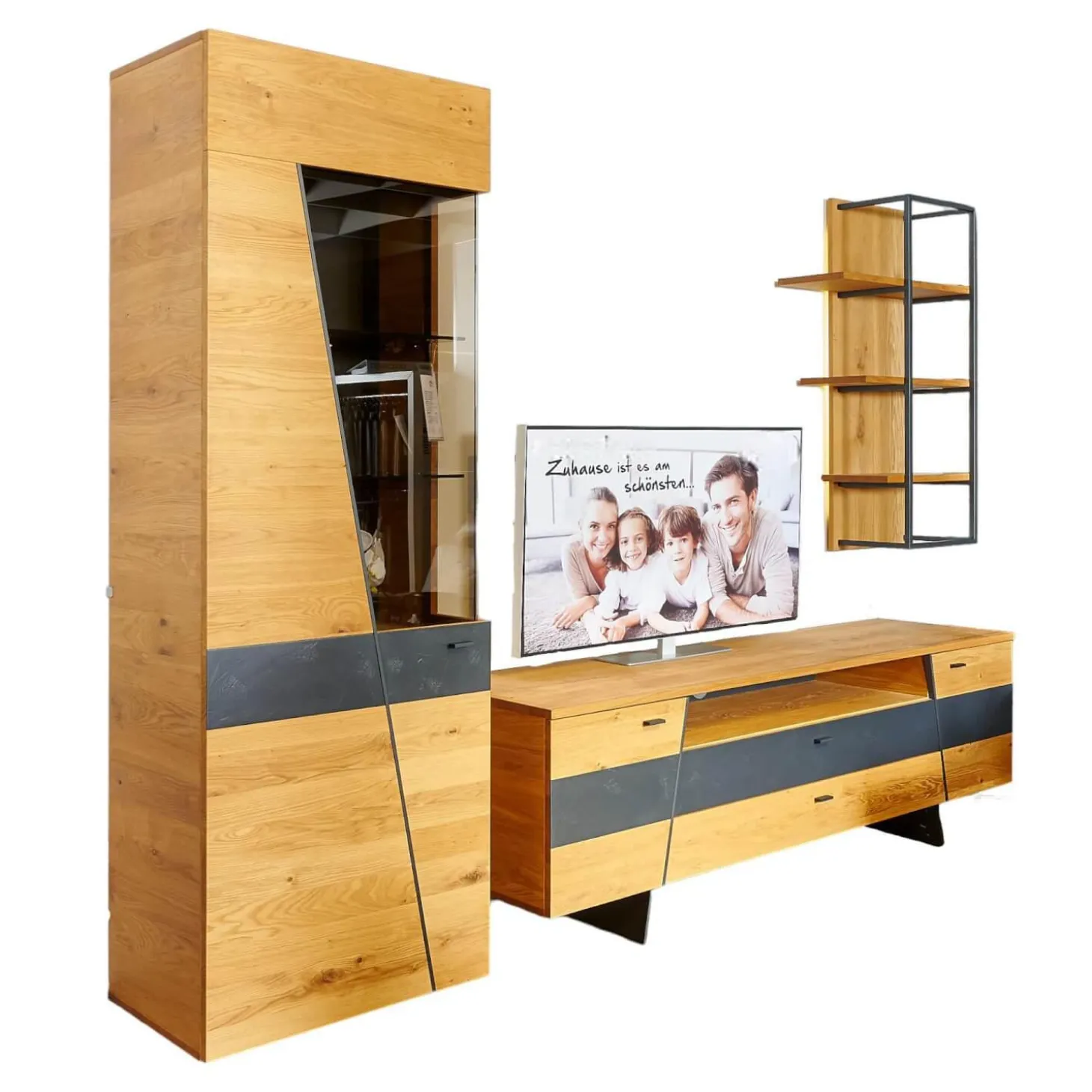 Wohnwand 2021 Vollholz Wildeiche Furniert Mattlack Beton Grau Griffe Und Füße Metall Effektlack Matt Grey Grau Glas Parasolglas Braun Mit Beleuchtung