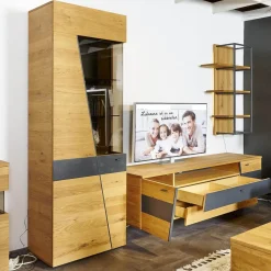 Wohnwand 2021 Vollholz Wildeiche Furniert Mattlack Beton Grau Griffe Und Füße Metall Effektlack Matt Grey Grau Glas Parasolglas Braun Mit Beleuchtung