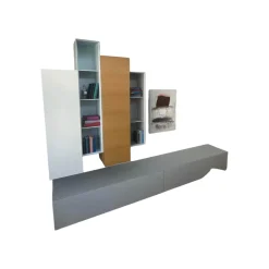 Wohnwand Alea Lack Lichtgrau Weiß Kristallblau Blau Grau Eiche Furnier