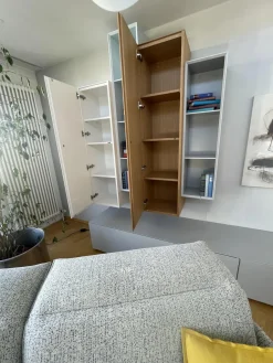 Wohnwand Alea Lack Lichtgrau Weiß Kristallblau Blau Grau Eiche Furnier