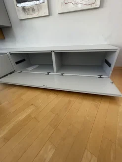 Wohnwand Alea Lack Lichtgrau Weiß Kristallblau Blau Grau Eiche Furnier