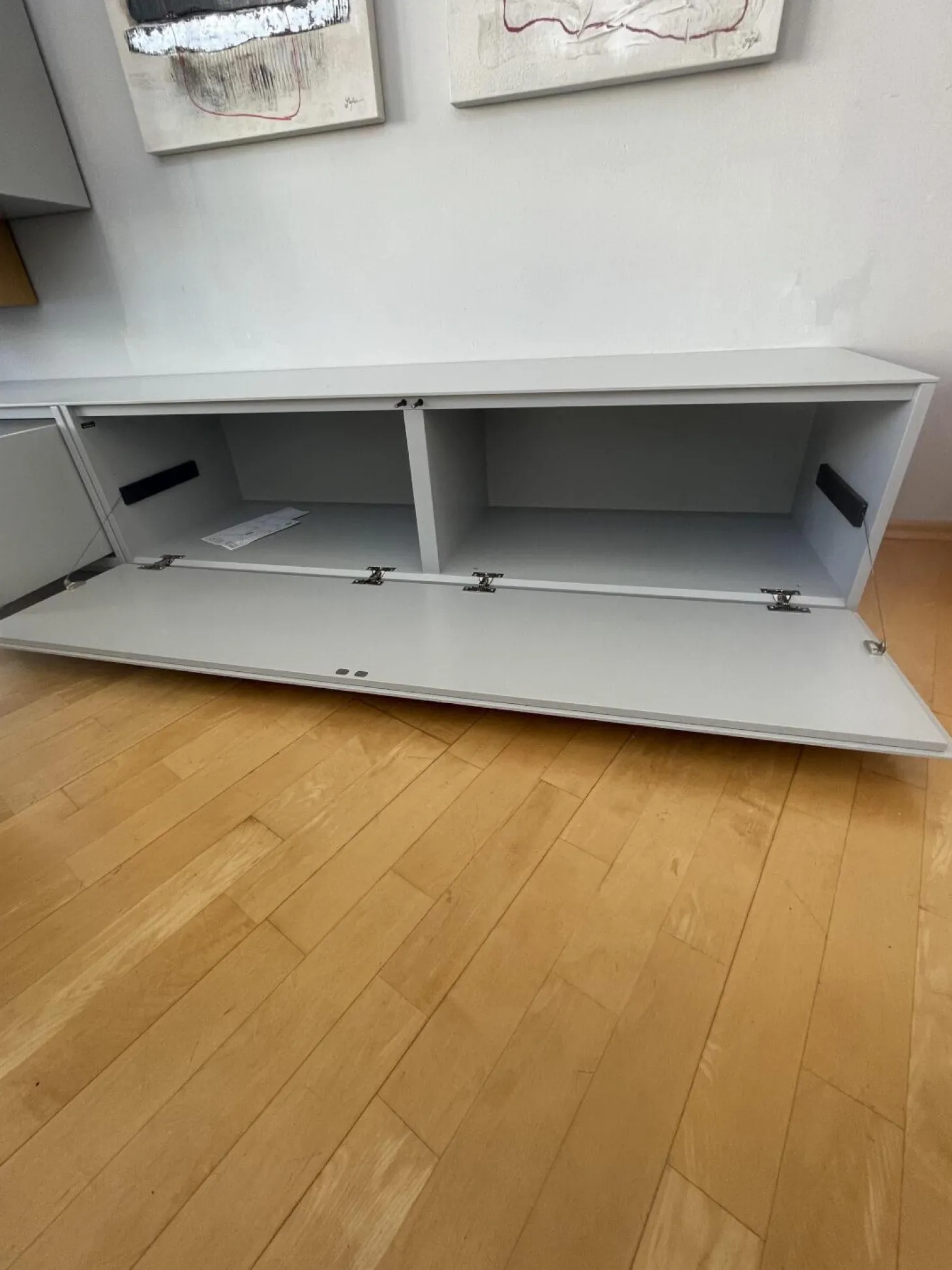 Wohnwand Alea Lack Lichtgrau Weiß Kristallblau Blau Grau Eiche Furnier