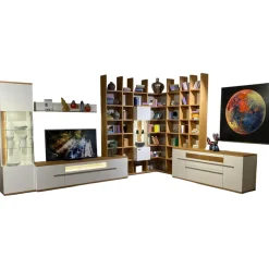 Wohnwand Atena Lack Lack Seidenmatt Weiß Akzente Balkeneiche Honig Inklusive Beleuchtung Ohne Deko