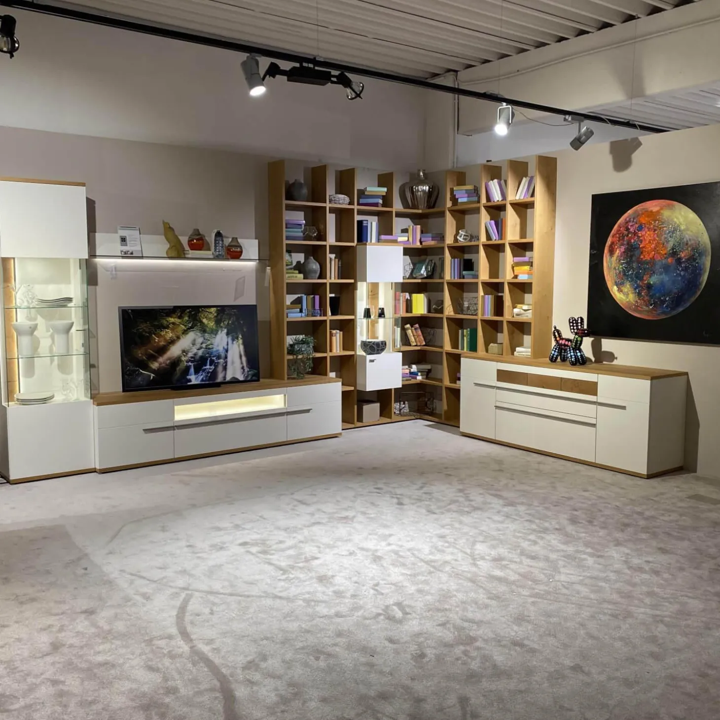 Wohnwand Atena Lack Lack Seidenmatt Weiß Akzente Balkeneiche Honig Inklusive Beleuchtung Ohne Deko