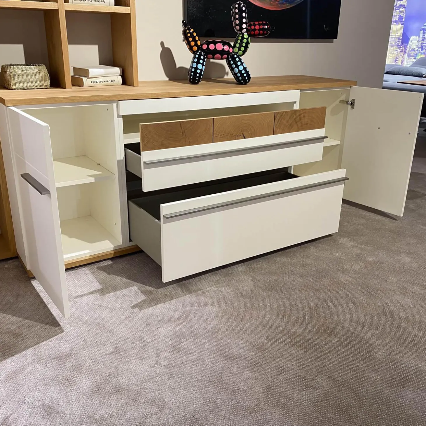 Wohnwand Atena Lack Lack Seidenmatt Weiß Akzente Balkeneiche Honig Inklusive Beleuchtung Ohne Deko