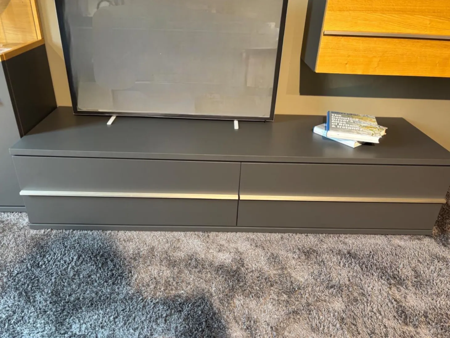 Wohnwand Aterno Front Und Korpus Schiefergrau Grau Absetzung Eiche Struktur Inklusive LED Beleuchtung