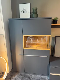 Wohnwand Aterno Front Und Korpus Schiefergrau Grau Absetzung Eiche Struktur Inklusive LED Beleuchtung