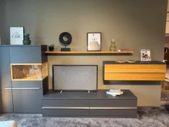 Wohnwand Aterno Front Und Korpus Schiefergrau Grau Absetzung Eiche Struktur Inklusive LED Beleuchtung