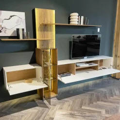 Wohnwand Benjo 7720W V20 Kerneiche Umato Sägerau Gebürstet Applikation Lack Weiß Mit Beleuchtung