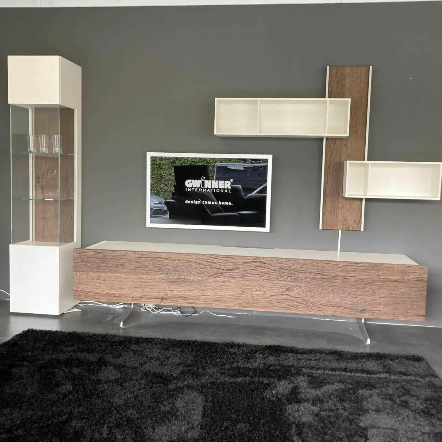 Wohnwand Bohle Lack Weiß Struktureiche Geräuchert mit Beleuchtung